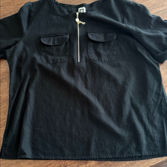 Anne Klein linen blend short sleeve front zip top - Picture 4 of 9